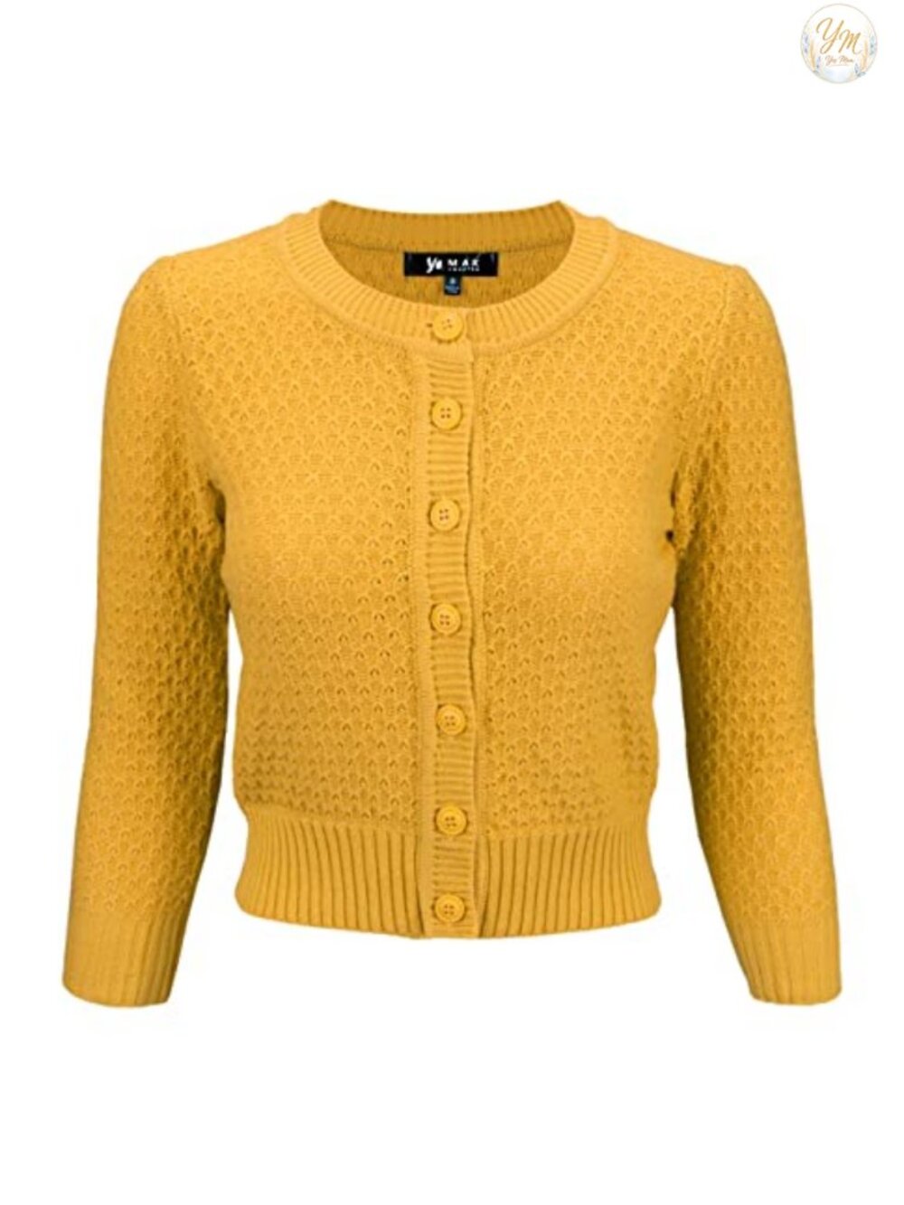 100% Cotton Crochet Cropped Cardigan 3/4 Sleeve Crewneck